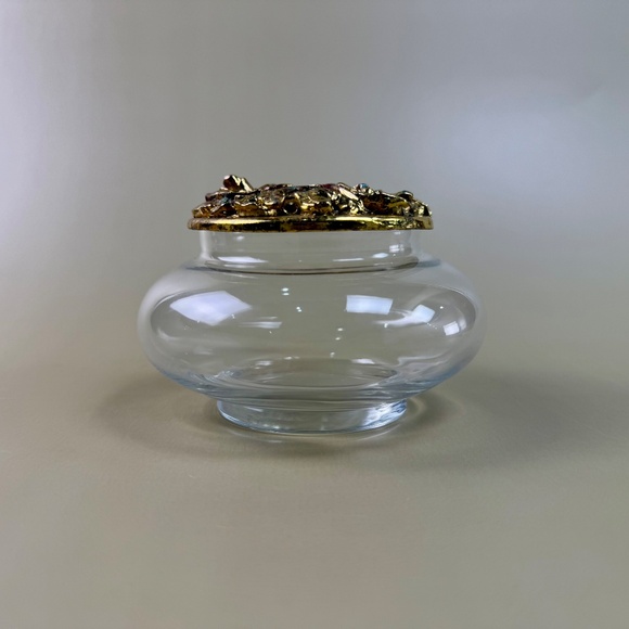 Vintage Glass Trinket Dish with Ornate Brass Rose Lid | Hollywood Regency Style - Picture 11 of 13